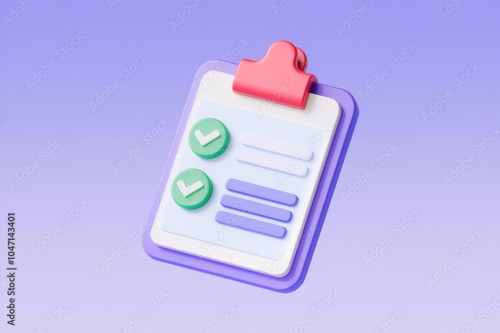 A 3D rendering of a clipboard with two checkmarks  representing a completed task or checklist.