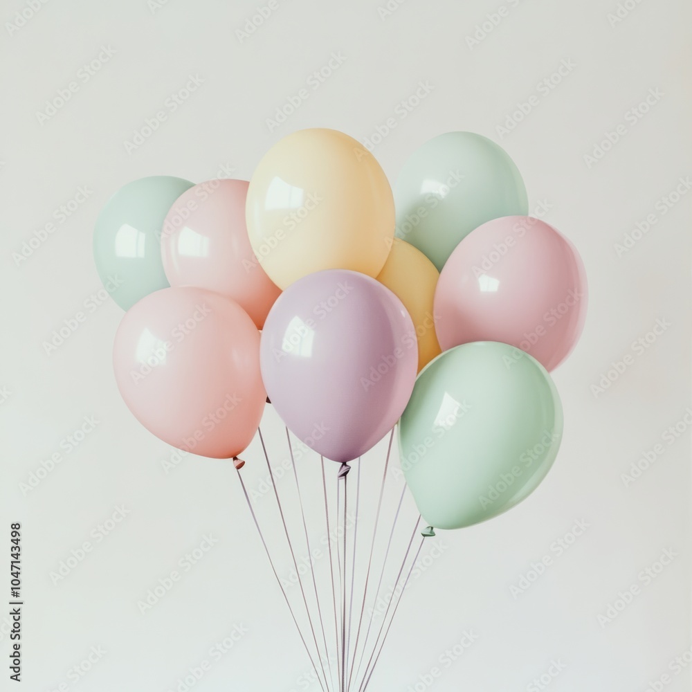 A group of pastel balloons including pink, lavender, and mint green, floating together against a soft white background, creating a whimsical and joyful scene A group of pastel balloons including pink, lavender, and mint green, floating together against a soft white background, creating a whimsical and joyful scene