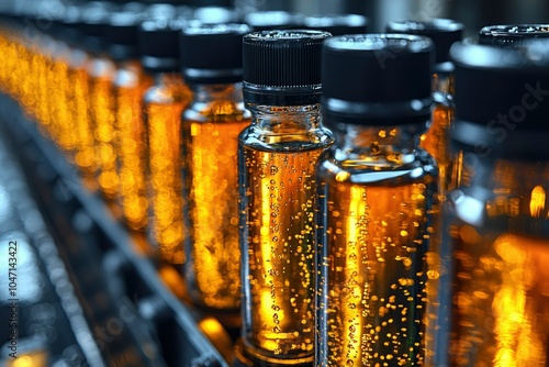 Close-up of a Row of Glass Bottles Filled with Amber Liquid