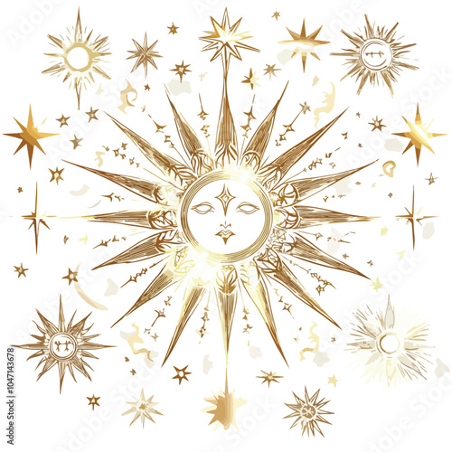 Mystical Golden Sun and Stars Vector Illustration