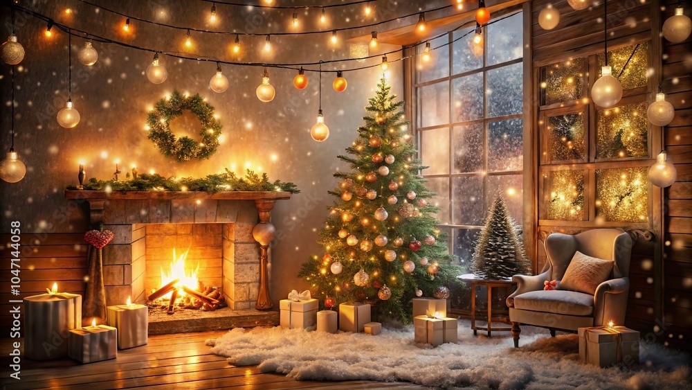 Magical Christmas Room Backdrop with Double Exposure Effects for Festive Atmosphere Magical Christmas Room Backdrop with Double Exposure Effects for Festive Atmosphere