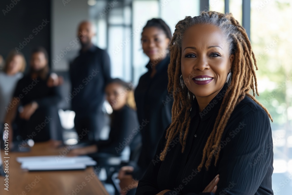 A woman with dreadlocks is smiling at the camera in front of a group of people A woman with dreadlocks is smiling at the camera in front of a group of people