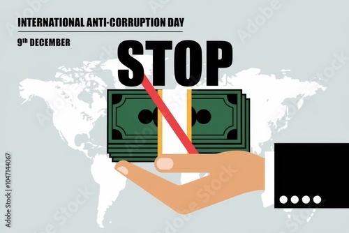 Anti Corruption Day poster  hand with red line on money. photo