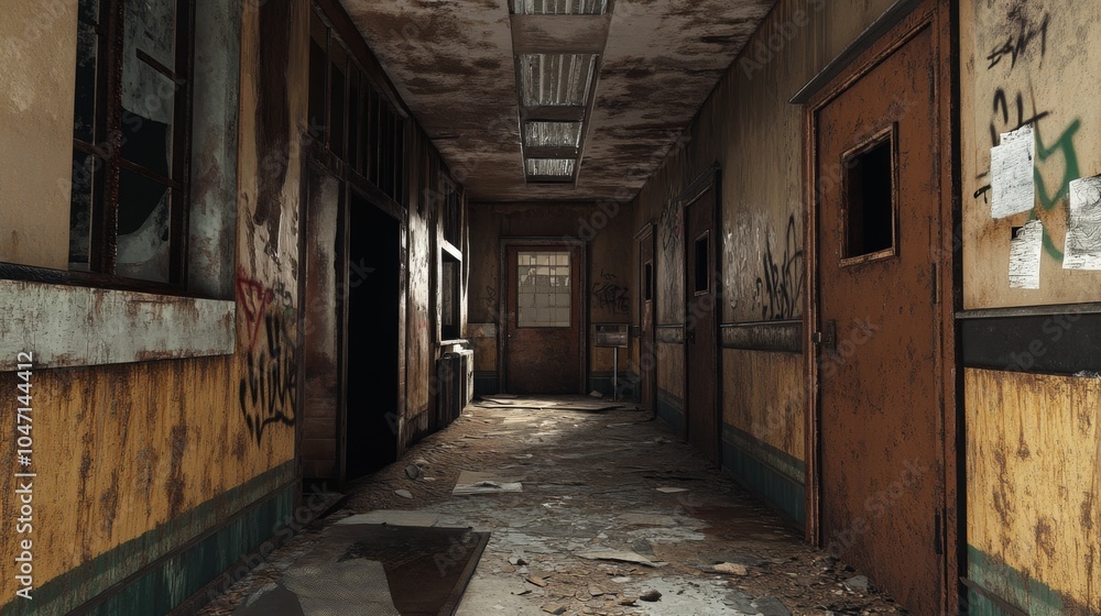 A Narrow, Abandoned Hallway with Graffiti and Damaged Walls A Narrow, Abandoned Hallway with Graffiti and Damaged Walls