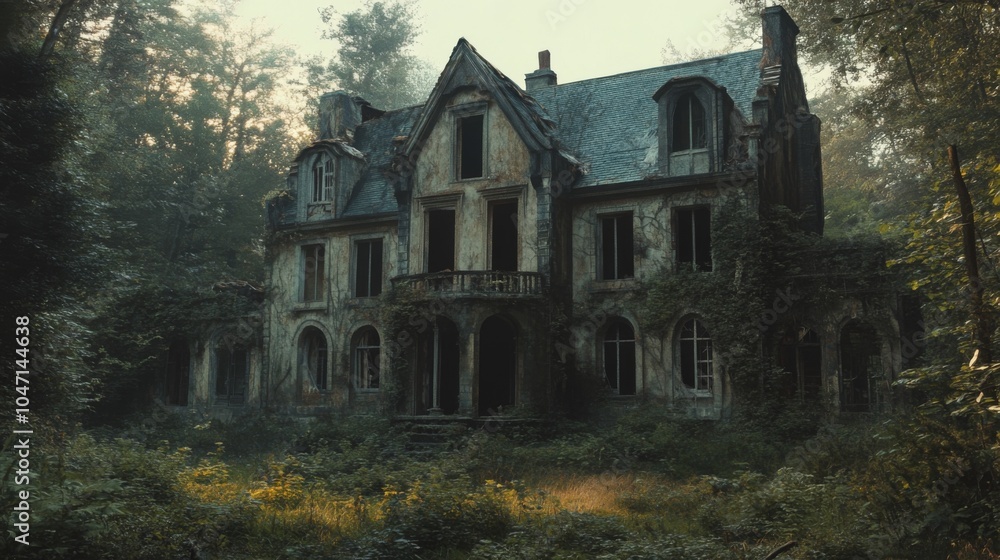 Abandoned Mansion Overgrown with Foliage in a Misty Forest Abandoned Mansion Overgrown with Foliage in a Misty Forest