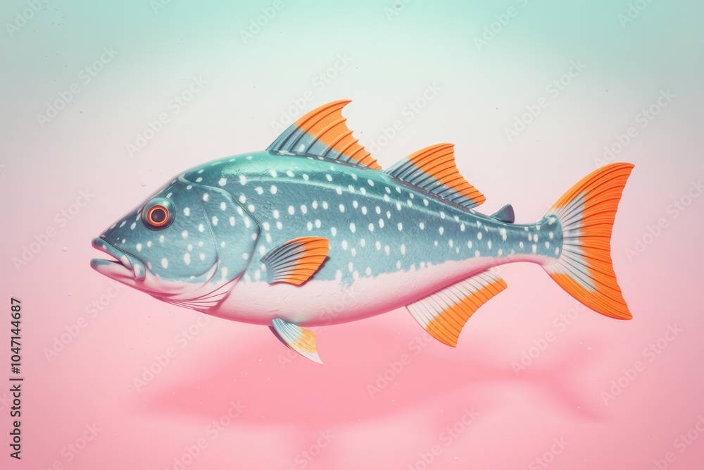A stylized blue and orange fish with white spots on a pink and green background.