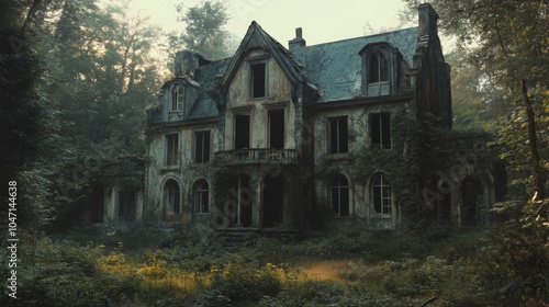 Abandoned Mansion Overgrown with Foliage in a Misty Forest