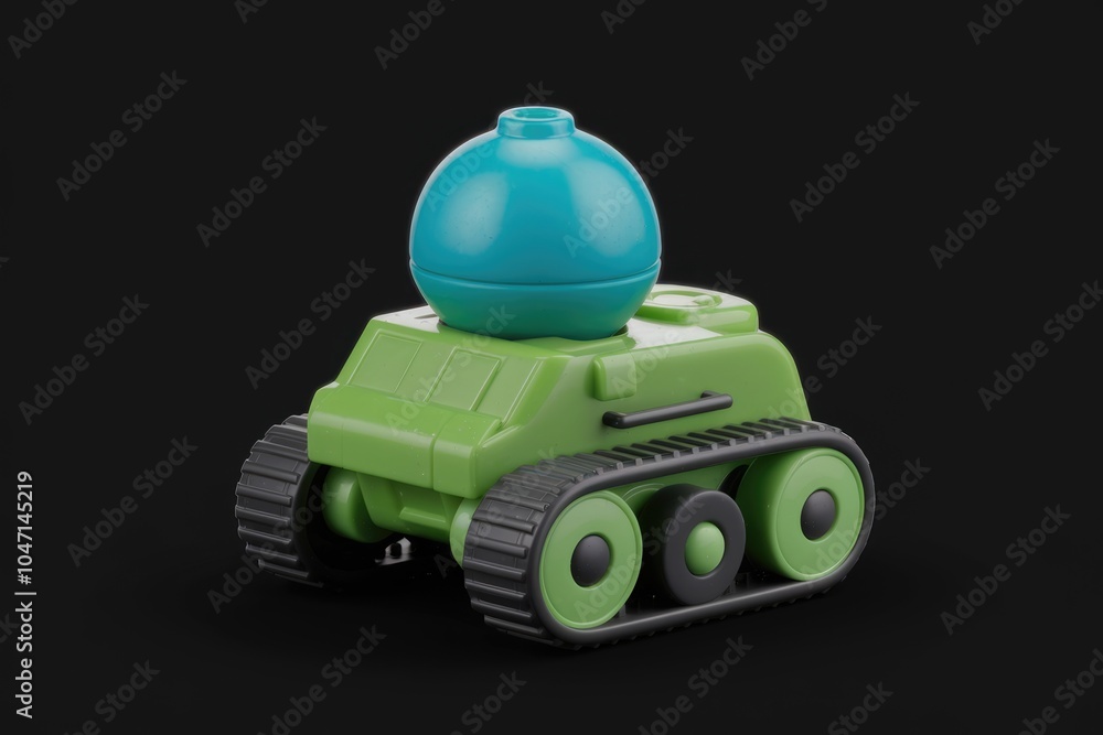 A green toy tank with a blue ball on top. A green toy tank with a blue ball on top.