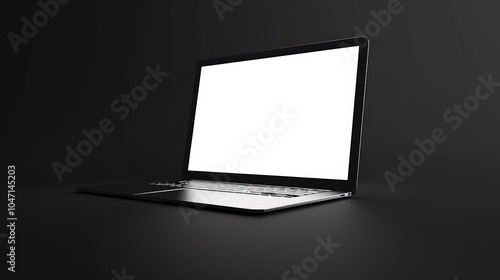 Black Laptop with Blank White Screen on Dark Surface photo