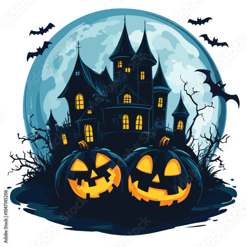 Spooky Halloween Pumpkins and Dark Castle on Blue Moon