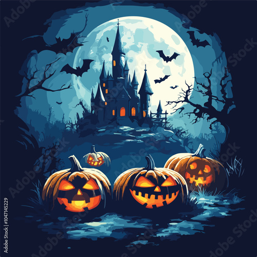 Spooky Halloween Pumpkins and Dark Castle on Blue Moon
