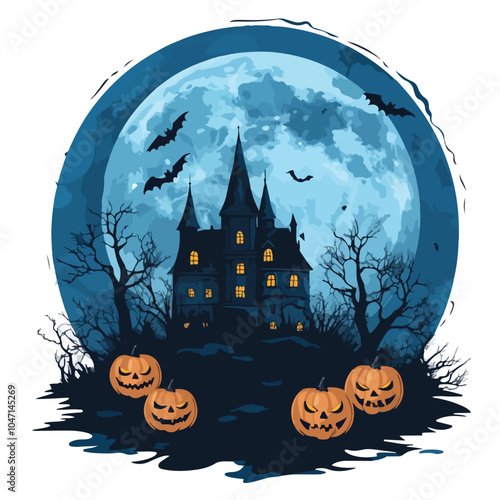 Spooky Halloween Pumpkins and Dark Castle on Blue Moon