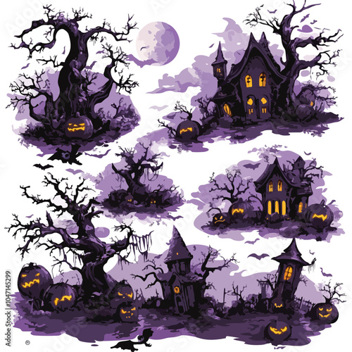 Spooky Halloween Pumpkins, Trees, Haunted House - Dark and Eerie Night Scene