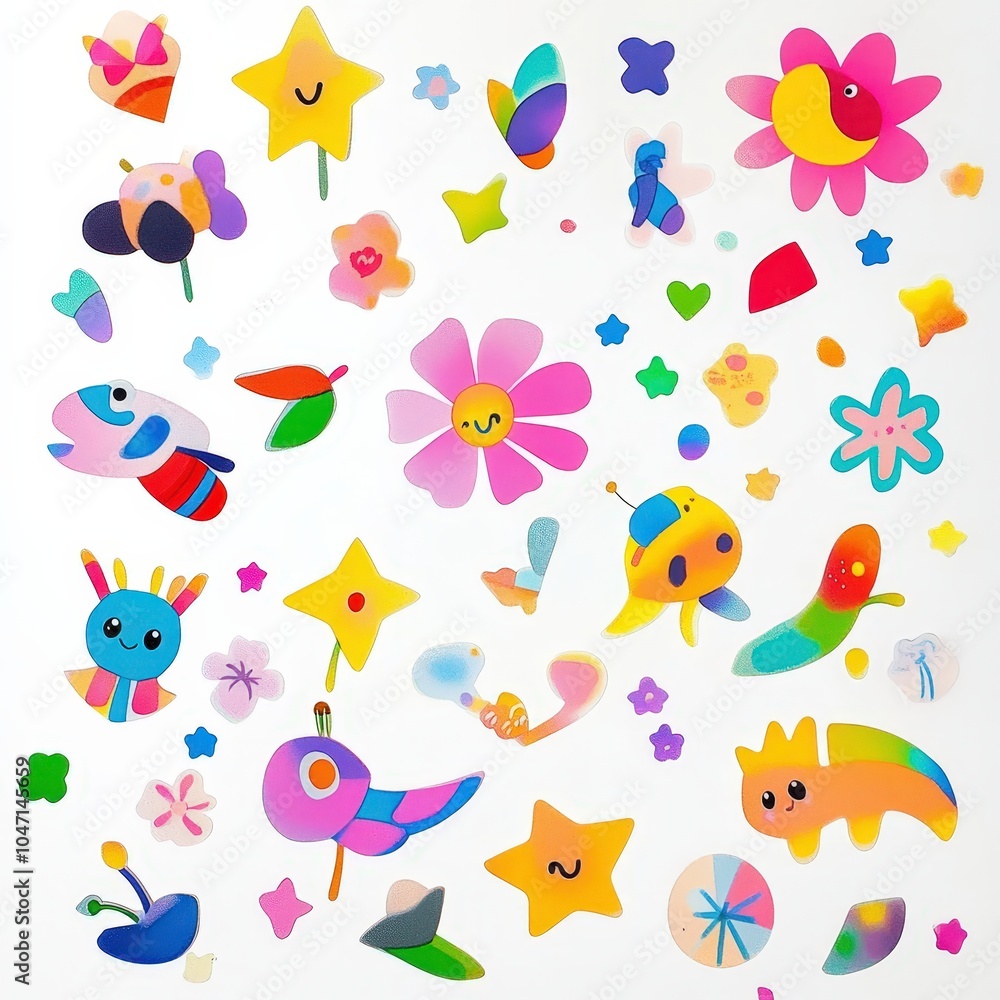 Colorful cartoon characters and shapes on a white background Colorful cartoon characters and shapes on a white background