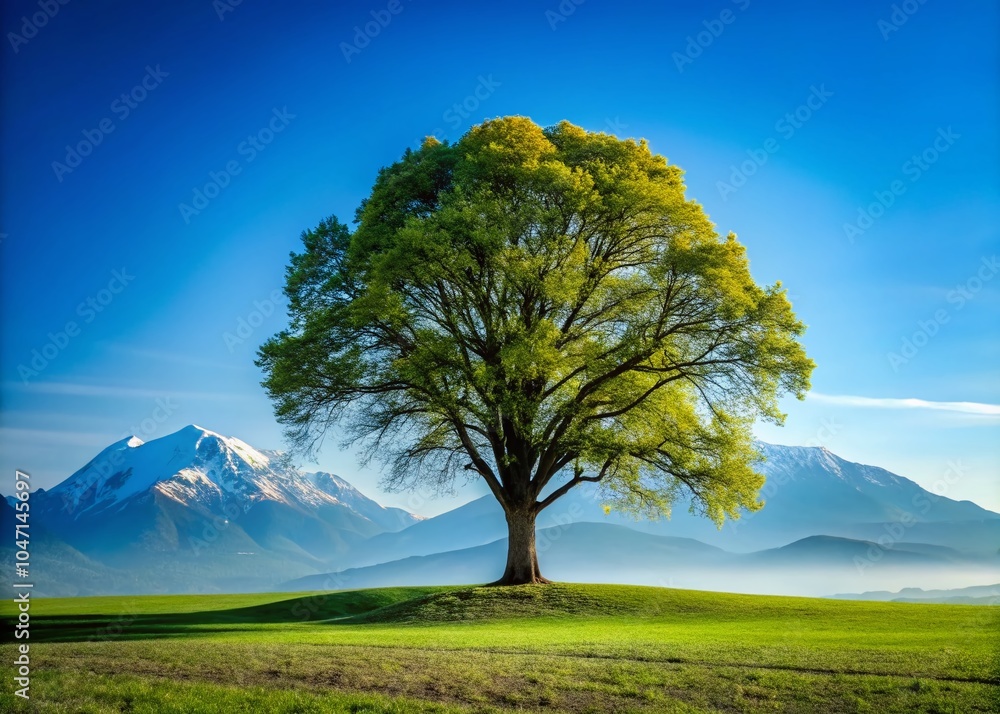 Fototapeta premium Majestic Tree Under Clear Blue Sky with Mountain Backdrop - Stunning Minimalist Nature Photography