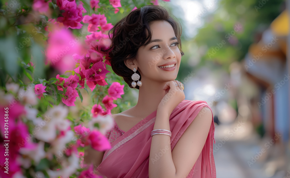 Smiling Indian Woman in Pink Saree with Pearl Earrings on a Blooming Floral Street Background Smiling Indian Woman in Pink Saree with Pearl Earrings on a Blooming Floral Street Background