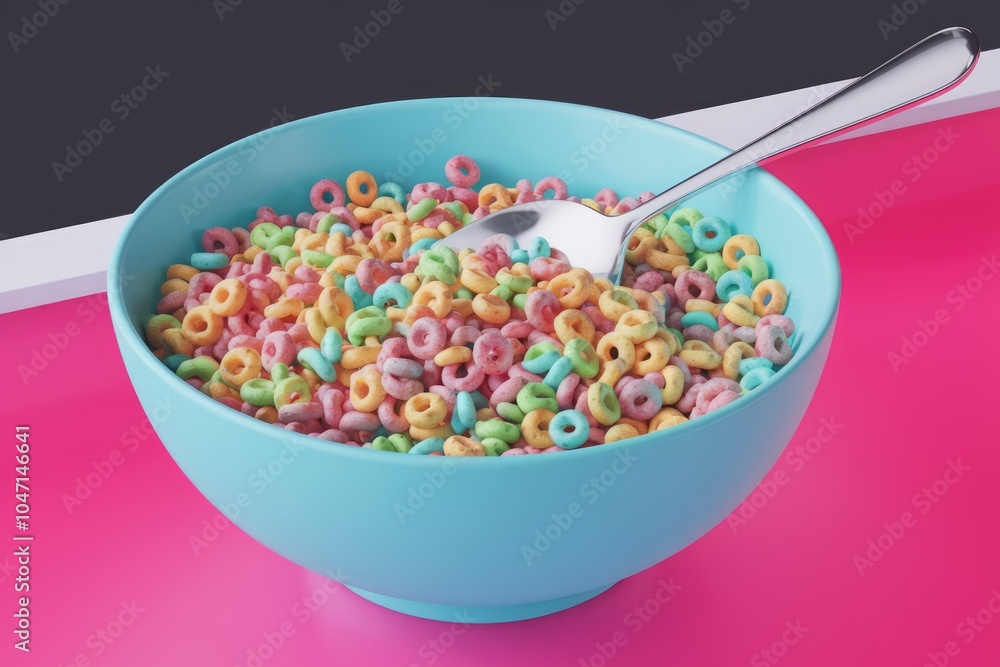 A blue bowl filled with colorful cereal rings a silver spoon rests on the rim. A blue bowl filled with colorful cereal rings a silver spoon rests on the rim.