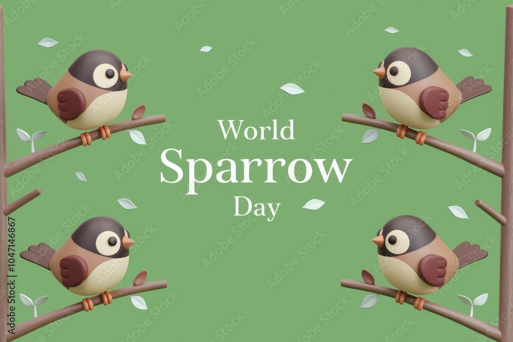 Naklejka premium Four cartoon sparrows on branches with green background celebrating World Sparrow Day.
