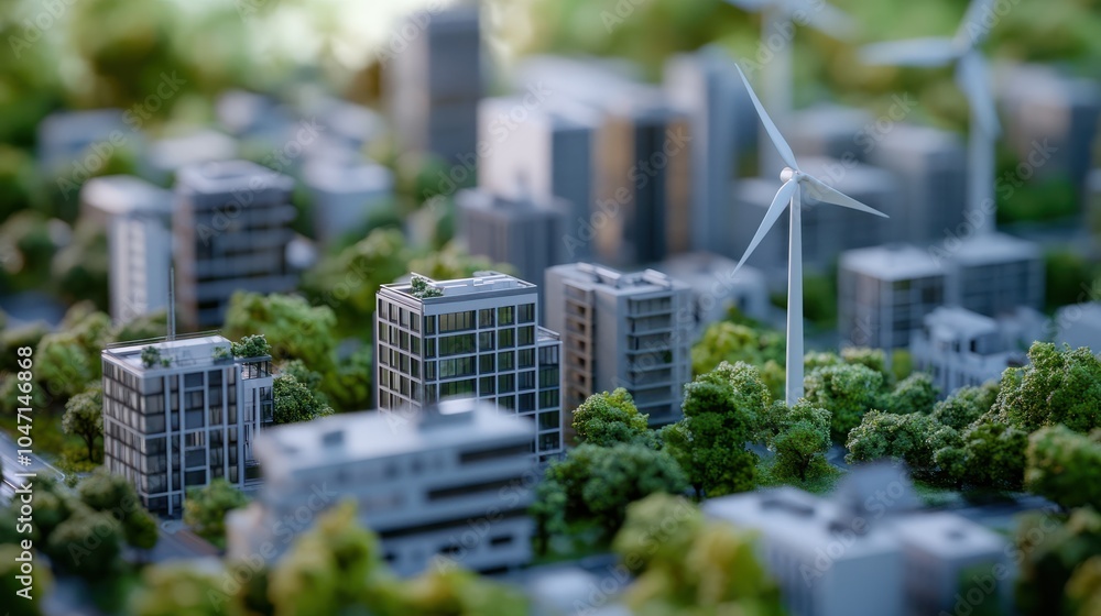 Une maquette d'une ville avec des bâtiments éco-responsable avec des éoliennes, symbolisant la technologie écologique pour le développement durable, arrière-plan flou avec hommes et femmes d'af Une maquette d'une ville avec des bâtiments éco-responsable avec des éoliennes, symbolisant la technologie écologique pour le développement durable, arrière-plan flou avec hommes et femmes d'af