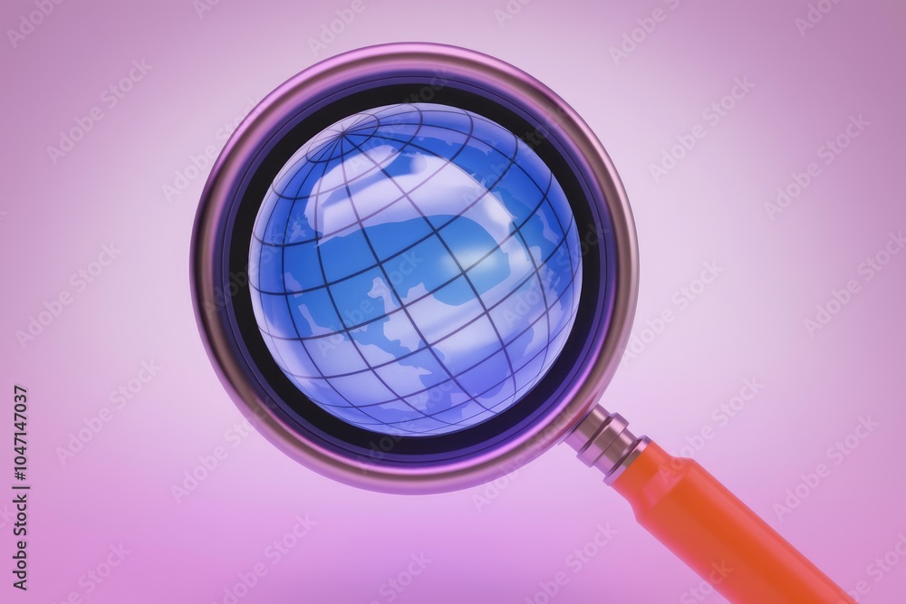 A magnifying glass focuses on a globe symbolizing global exploration and research. A magnifying glass focuses on a globe symbolizing global exploration and research.