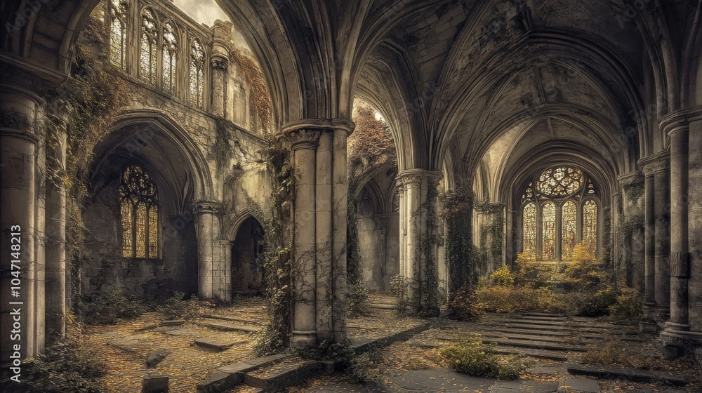 Overgrown Ruins of a Stone Church with Sunlight Through Stained Glass Overgrown Ruins of a Stone Church with Sunlight Through Stained Glass