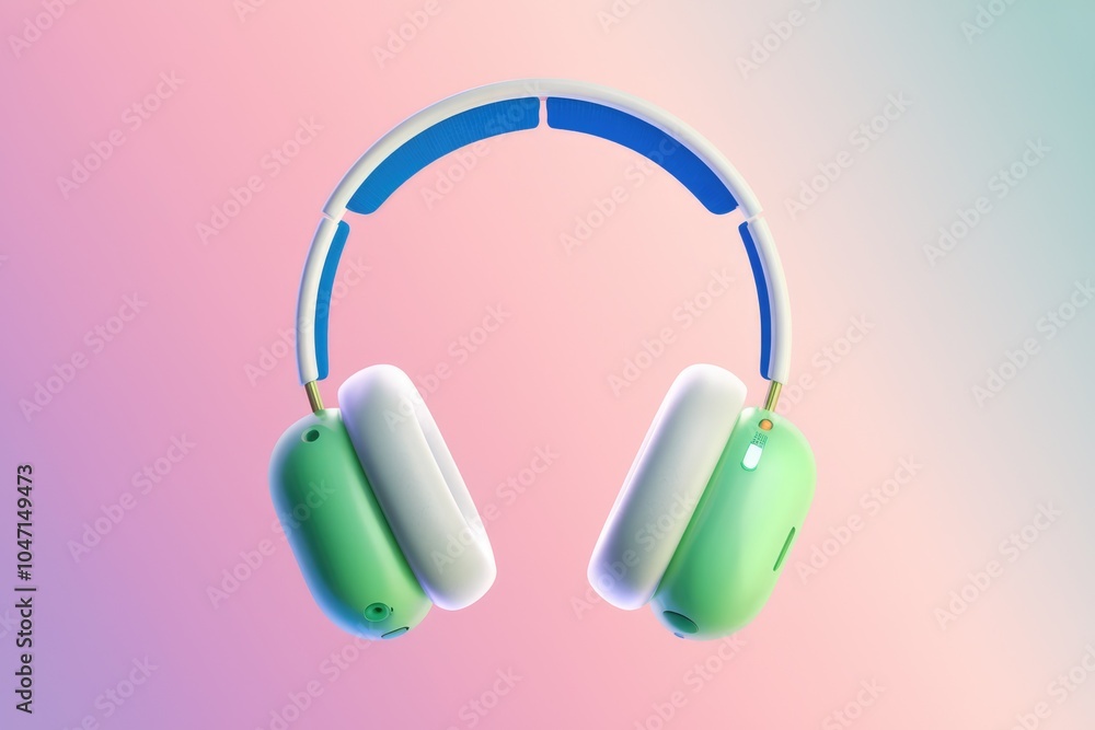 A pair of green and white headphones with a blue headband on a gradient background. A pair of green and white headphones with a blue headband on a gradient background.