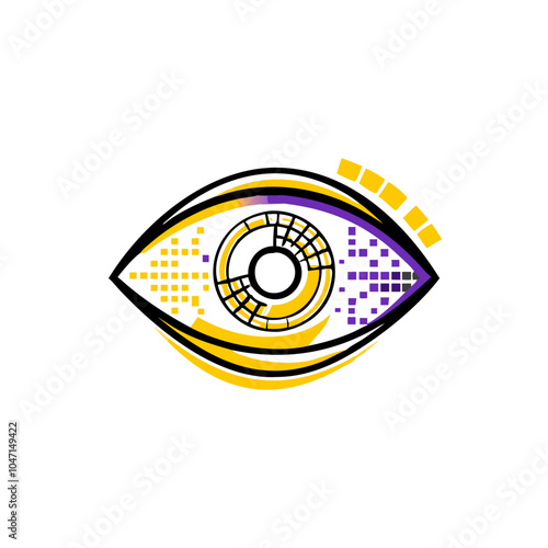 Mysterious eye, eye with pixel elements, depicting surveillance and facial recognition, yellow and purple colors