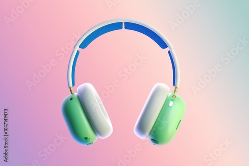 A pair of green and white headphones with a blue headband on a gradient background.