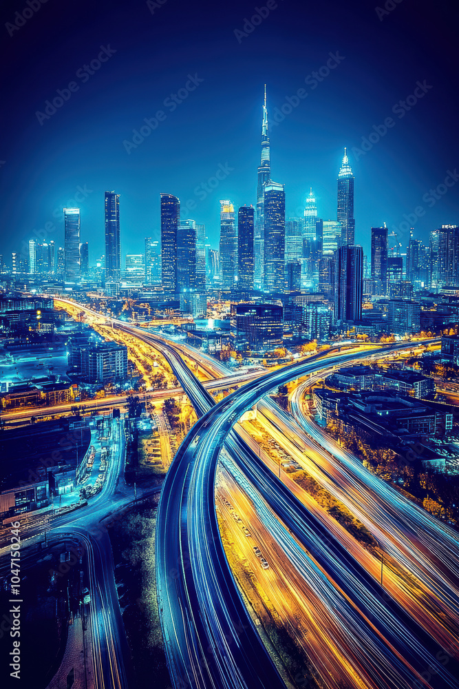 Fototapeta premium Nighttime view of skyscrapers and traffic
