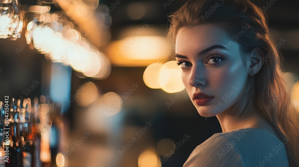 Thoughtful woman with makeup looking away in dimly lit room Thoughtful woman with makeup looking away in dimly lit room