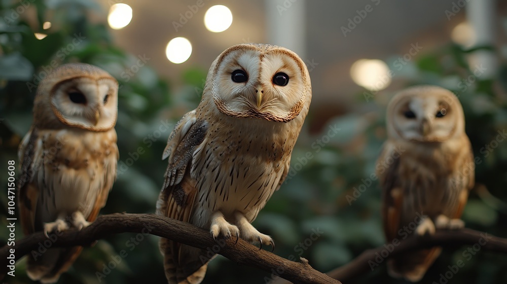 Owls Perched on Branches in a Zoo Setting Owls Perched on Branches in a Zoo Setting
