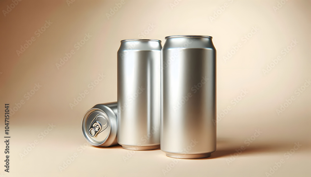 depicts three aluminum cans with a metallic finish, likely for beverages like soda, beer, or energy drinks, standing upright or lying on its side. depicts three aluminum cans with a metallic finish, likely for beverages like soda, beer, or energy drinks, standing upright or lying on its side.