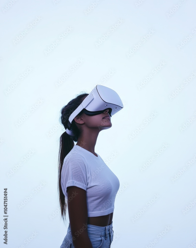 woman wearing virtual reality headset against clear sky woman wearing virtual reality headset against clear sky