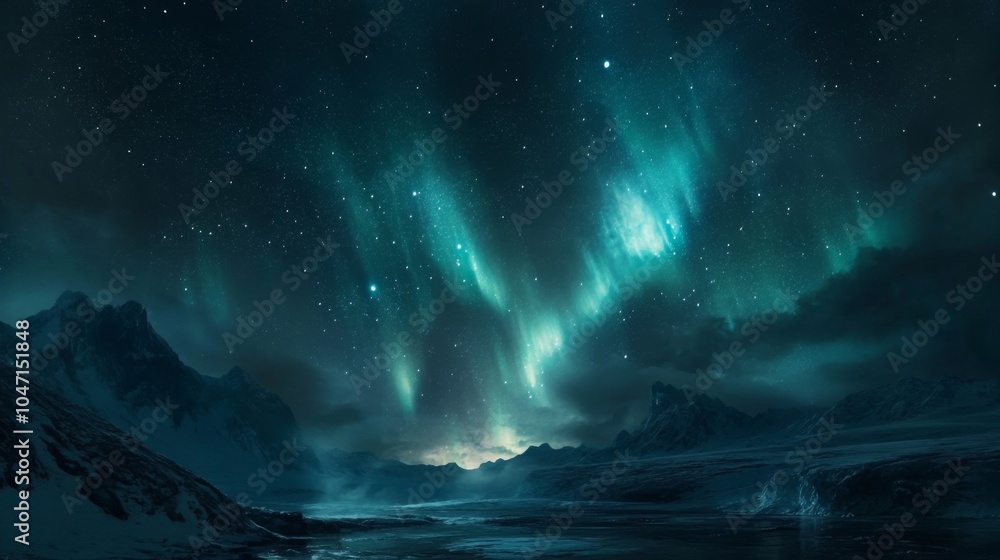 A Night Sky with Aurora Borealis Above Snowy Mountain Range A Night Sky with Aurora Borealis Above Snowy Mountain Range