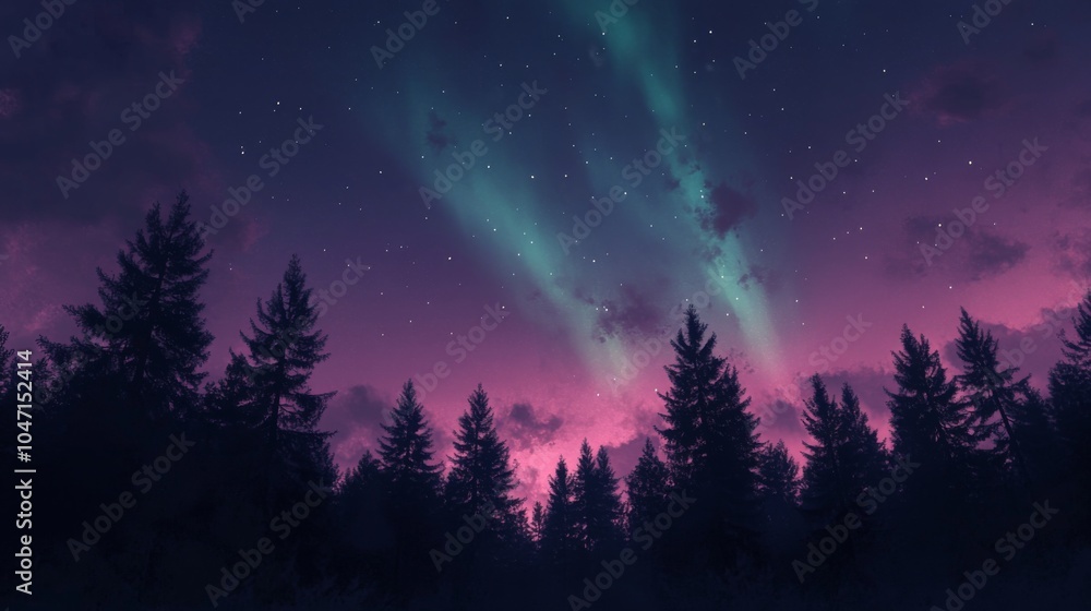 Silhouetted Pine Trees Against a Night Sky with Aurora Borealis Silhouetted Pine Trees Against a Night Sky with Aurora Borealis