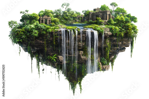 A lush floating island with waterfalls and ancient ruins, hovering against a white background photo