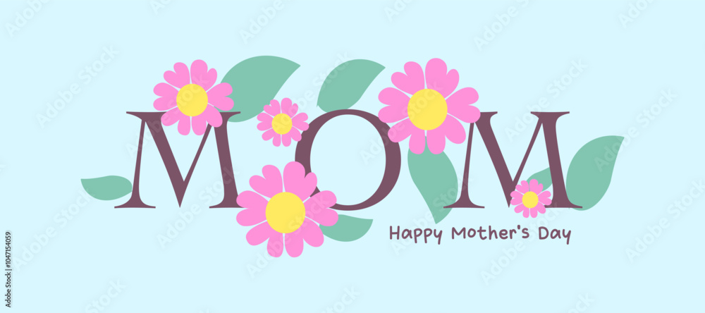 Fototapeta premium Trendy Mothers Day, Womens Day and birthday card simple illustration with cute flowers, daisies, hand drawn floral art on blue background for horizontal posters, web banners, covers, and social media