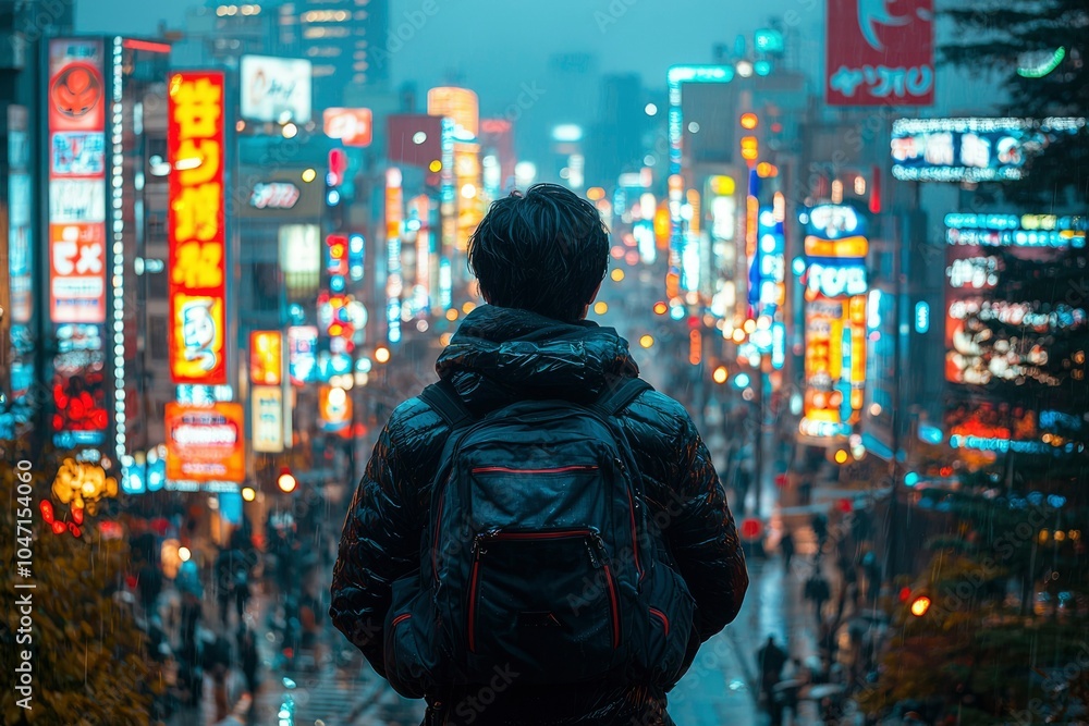 A lone traveler with a backpack stands amidst a bustling, rainy cityscape at night. A lone traveler with a backpack stands amidst a bustling, rainy cityscape at night.