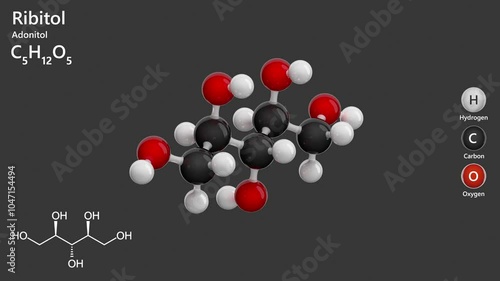 Ribitol or Xylitol. Sugar alcohol. Animated 3D model of a molecule. Molecular formula: C5H12O5. Chemical model: Ball and stick. Gray background. 3D rendering. Seamless loop. photo