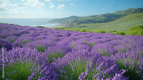 A vibrant lavender field overlooking a coastal landscape under a clear blue sky.