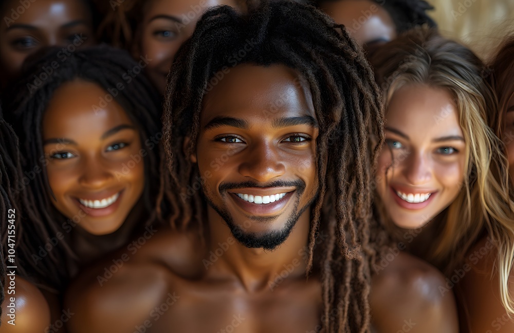 A group of friends with various hairstyles and skin tones share a moment of joy, smiling warmly as they gather closely together in a sunny outdoor setting. A group of friends with various hairstyles and skin tones share a moment of joy, smiling warmly as they gather closely together in a sunny outdoor setting.