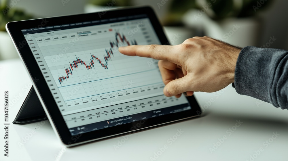 Financial trader analyzing stock and cryptocurrency chart on tablet screen Financial trader analyzing stock and cryptocurrency chart on tablet screen
