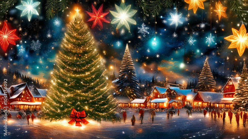 Obraz premium Christmas Harmony in a Magical Winter Village with Festive Wonder, Glittering Trees, and Cozy Lights, Where Unique Details Enhance the Holiday Landscape and Spark Imagination