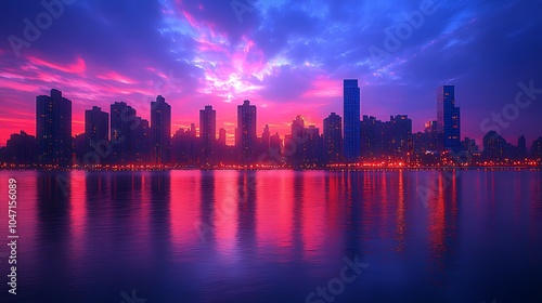 A stunning sunrise over a city skyline with skyscrapers reflected in the water.