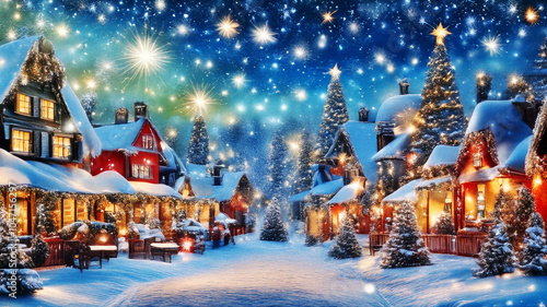 Christmas Harmony in a Magical Winter Village with Festive Wonder, Glittering Trees, and Cozy Lights, Where Unique Details Enhance the Holiday Landscape and Spark Imagination 