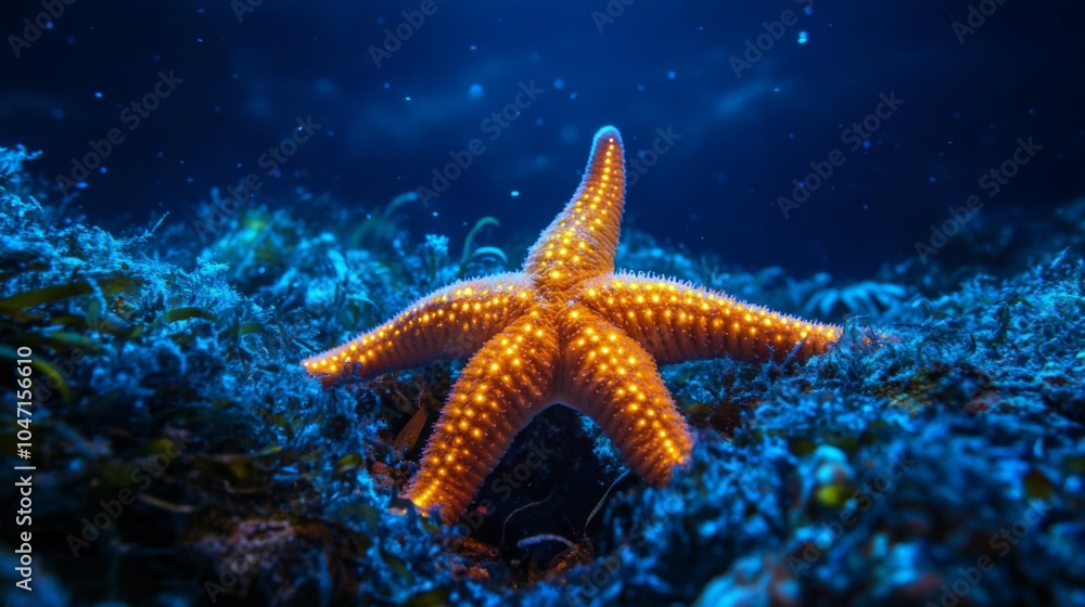 A Vibrant Orange Starfish Resting on a Blue Seabed A Vibrant Orange Starfish Resting on a Blue Seabed