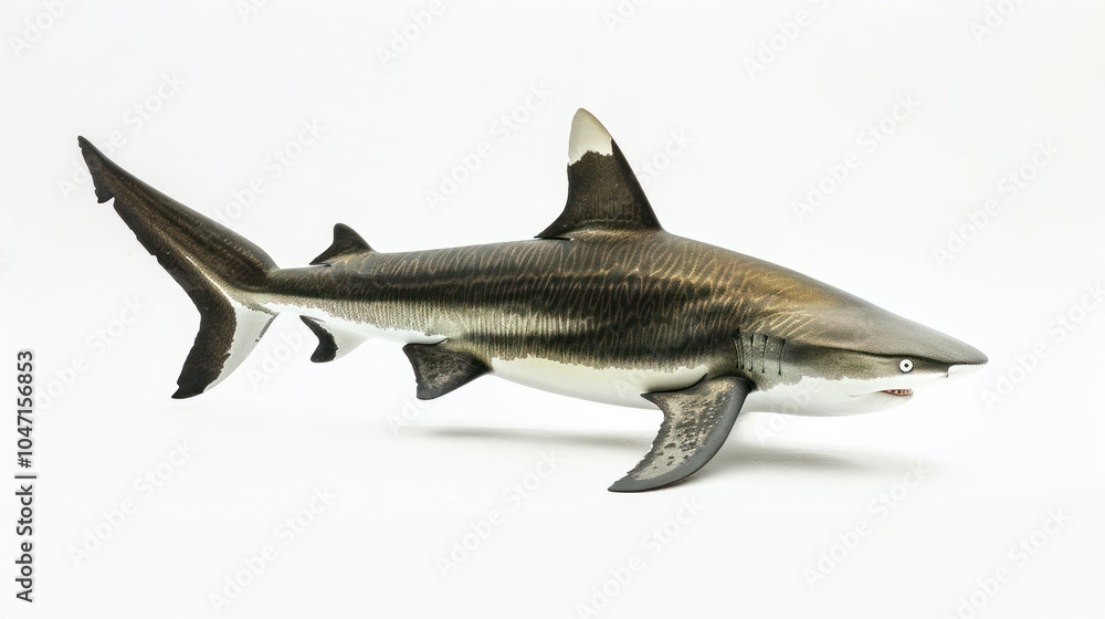 Naklejka premium Blacktip Reef Shark with White Underbelly Against White Background