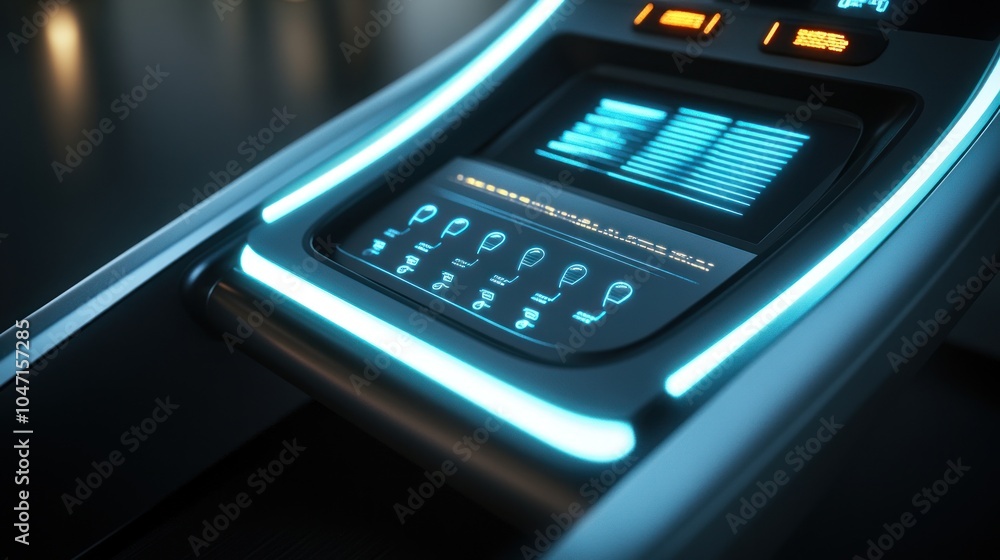 Futuristic Car Dashboard with Glowing Blue Controls Futuristic Car Dashboard with Glowing Blue Controls