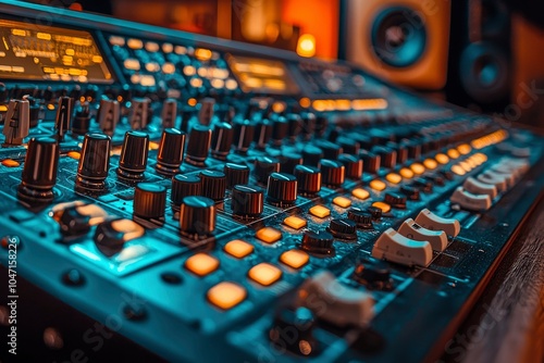 Close-up of a Sound Mixing Console with Knobs and Faders