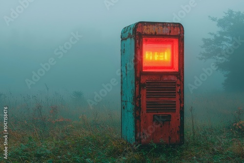 A Rusty Red and Blue Cabinet in a Foggy Meadow photo